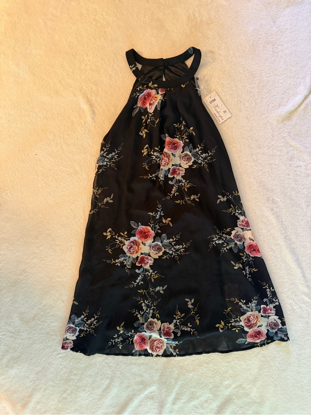 NWT Vanberfia Black Floral Halter Dress Size M Flowy Midi Dress